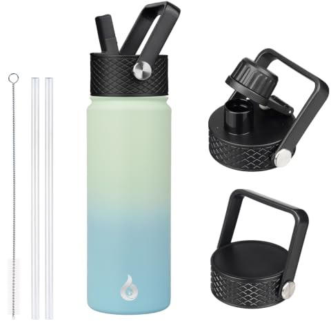 BJPKPK Bouteille Isotherme 650 ml – Gourde en Acier Inoxydable à Double Paroi avec 3 Couvercles (Dont un à Paille) – Anti-Fuite, Sans BPA – Idéale pour le Sport et le Voyage – Menthe