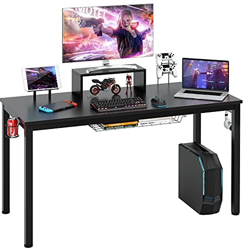 COSTWAY 140cm Schreibtisch mit Monitorablage, Computertisch, Gaming Tisch mit Getränkehalter, Kopfhörerhaken, Aufbewahrungskorb, Medienablage, verstellbare Fußpolster