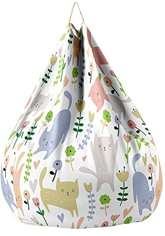 Treer Sitzsack Bezug ohne Füllung Kinder Erwachsene Sitzsackbezug 3D Süße Kätzchen Drucken Abnehmbarer Waschbar Sitzsack Außenbezug Spielzeug Aufbewahrungstasche (70x80cm,Kätzchengarten)