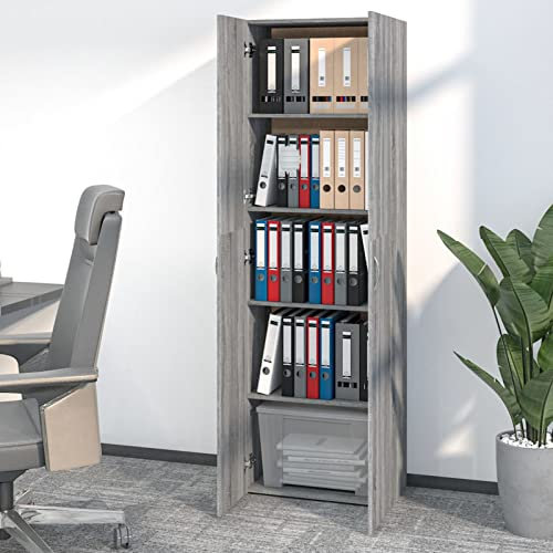 Festnight Armario Oficina de Madera, Armario Multiusos,Mueble Archivador,Librerías de Oficina con 5 Estantes y 2 Puertas. para Garaje, Oficina, Estudio. 60x32x190 cm Gris Sonoma