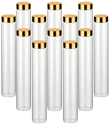 gouveo 12er Set Gewürzgläser 150 ml Tube mit Schraubdeckel goldfarben - Kleine zylinderförmige Gläser mit Schraubverschluss - Leere Aufbewahrungsgläser für Kräuter, Kosmetik, Bastelzubehör