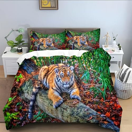 ILMIRA Bettwäsche 90x200 Gelber Tiger 3D-Digitaldruck Kinderbettwäsche-Set, Mikrofaser-Bettbezug mit Reißverschluss + 2 Kissenbezüge 80x80 cm