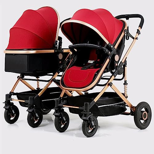 LEIYTFE Gemellare Passeggino,Passeggino con Carrozzina Staccabile,Passeggino Tandem Pieghevole A Doppia Seduta Sistema da Viaggio per Bambini,Seduta Reversibile E Ruote Grandi (Color : Red)