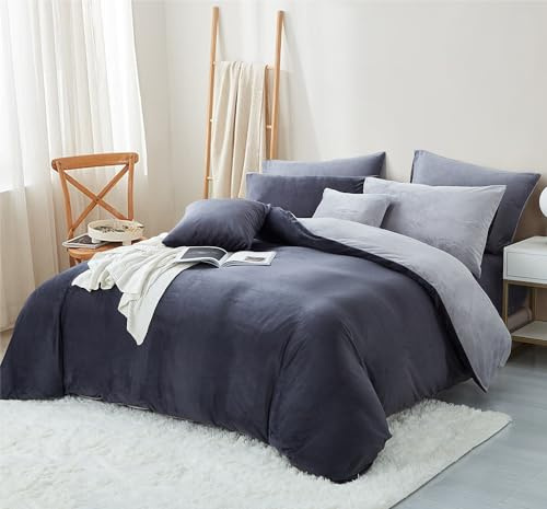 Nyescasa Winter Plüsch Bettwäsche 155x220 2Teilig Coral Fleece Flanell Dunkelgrau Grau Wendebettwäsche Cashmere Touch Bettbezug mit Reißverschluss und Kissenbezug 80x80cm Warme Deckenbezug