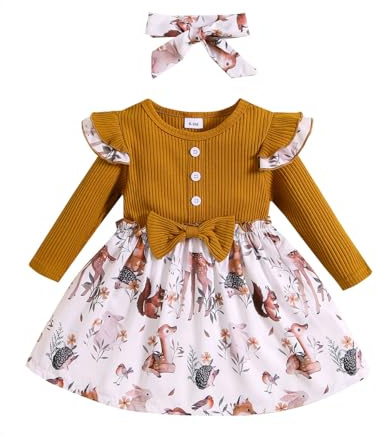 KONFEN Vestito Bambina a Maniche Lunghe - Ruffle Manica Lunga Abito Natale con Fiocco + Fascia 2 Pezzi Set, Vestito Natale Bambina Abito Neonata Abbigliamento per 0-3 Anni (Natale/Animale Modello)