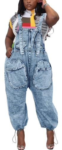 HTD Women's Bib Denim Overalls Loose Wide Leg Jean Jumpsuit With Cargo Pockets Blue XL