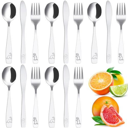 15Pcs Kids Cutlery Set, 410 Stainless Steel Toddler Fork Spoon Knife Metal Silverware, Engraved Dinosaur Pattern Children Flatware, Reusable Ergonomic Independent Eating Utensils for Toddlers Age 3+