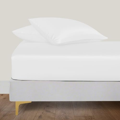 LINENWALAS Spannbetttuch aus 100% Bio-Bambus Seide 180x200 cm, Tiefe Tasche bis 40 cm weich, Öko-Tex-zertifiziertes kühlendes Bambus-Bettwäsche-Set Spannbetttuch mit Kissenbezug (Weiß)