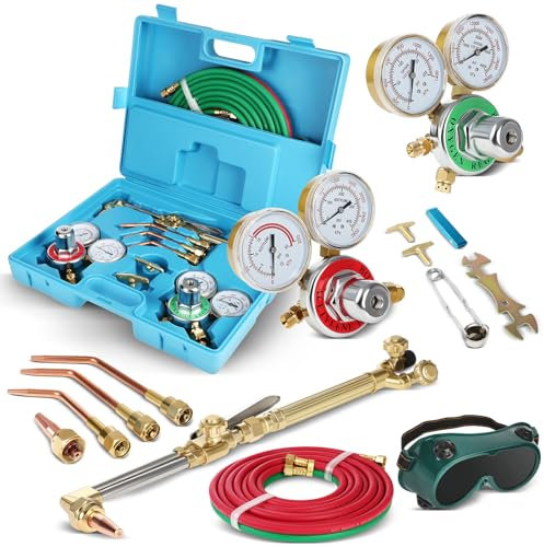 Kit de chalumeau de coupe à l'oxygène et à l'acétylène - Kit de soudage professionnel avec deux tuyaux, jauges de régulateur, étui de rangement
