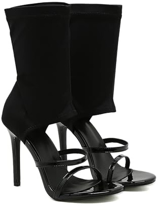 LVOMU Women's Stretchy Cloth High Top Two Strapy Stiletto Gladiator Sandals Sexy Open Toe High Heel Summer Elastic Ankle Boot Sandals for Summer Dress Wedding Party Daily Wear Shoes (Black,9)