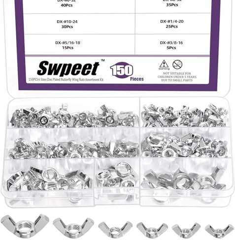 Swpeet 150Pcs Carbon Steel Zinc Plated SAE Wing Nuts Butterfly Nuts Hex Dome Cap Fasteners Hardware Assortment Kit, 6 Sizes - #6-32#8-32#10-24#1/4-20# 3/8-16#5/16-18