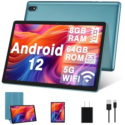 DMOAO Tablet 10 Zoll Android mit 5G WLAN, 8GB RAM + 64GB ROM(TF 1TB), Octa-Core 2.0 GHz, BT 5.0, Face ID, IPS 1280 * 800, 6000 mAh, HD Tablets mit Schutzfall, Blau