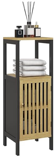 HOMCOM Slim Bathroom Storage Cabinet, Small Bamboo Bathroom Cabinet, Black | Open Compartment, Adjustable Shelf