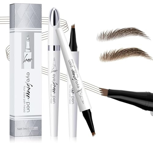 Wasserfester Augenbrauenstift mit 4 Spitzen, 3D Microblading Augenbrauenstift Konturstift, Langlebiger, Natürlicher, Feiner, Magischer Augenbrauenstift für Frauen und Mädchen (Dunkelbraun+Hellbraun)