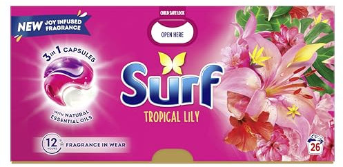 Surf 3 in 1 Tropical Lily Laundry Washing Detergent Capsules joy-infused fragrance with natural essential oils lasting up to 12 hours in wear for brilliantly clean results 78 washes (3x 26)