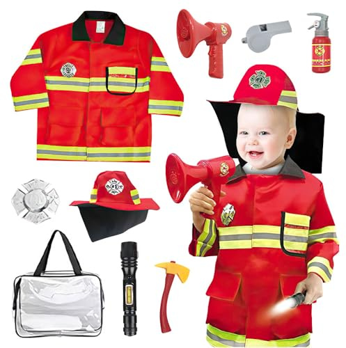 Lotvic Costume de Pompier pour Enfants, Pompier Deguisement Enfant, Jouet Pompier Accessoires Jeu de Rôle, pour Carnaval Halloween Enfant Garçon Fille 3-8 Ans