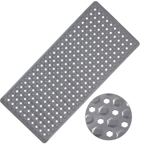 WELTRXE Bath Mat Non Slip Anti Mould, 88x40cm Grey Bathtub Mat, Diamond Pattern PVC Shower Mat for Inside Bath, Non Slip Bath Tub Mat with Suction Cups, Quick Drain, Machine Washable