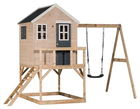 Wendi Toys M23G Maison sur pilotis avec balançoire, Tour de Jeu en Bois FSC pour Enfants, Plateforme 90 cm, 192×350×242 cm avec échelle, terrasse, Volets & Plancher, résistante aux intempéries, Grise