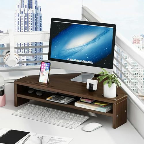 WOTZOV Desktop Organizer Computer Monitor Stand Triangle Desk Monitor Riser Double-layer, Computer Monitor Corner Shelf Tabletop Holder with 2 Slots, Space Saving Screen Storage Rack,Brown