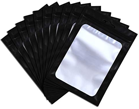 XFXIA 100 stycken Mylar-väskor, svarta återförslutningsbara luktsäkra påsar med genomskinliga fönster 18 x 26 cm aluminiumfolie påse påse för godis mat läppglans förpackning |platt|söt|