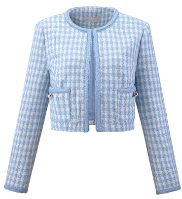 Hobemty Women's Houndstooth Blazer Collarless Plaid Cropped Tweed Jacket, Blue, M