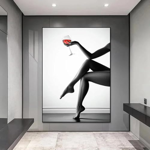 HMXQLW Schwarz Weiß Sexy Mädchen Wandbilder Weinglas Moderne Bilder kunstdrucke Wohnzimmer Deko,Leinwandbilder Poster und Drucke Wandkunst Schlafzimmer Rahmenlos (80X120CM)