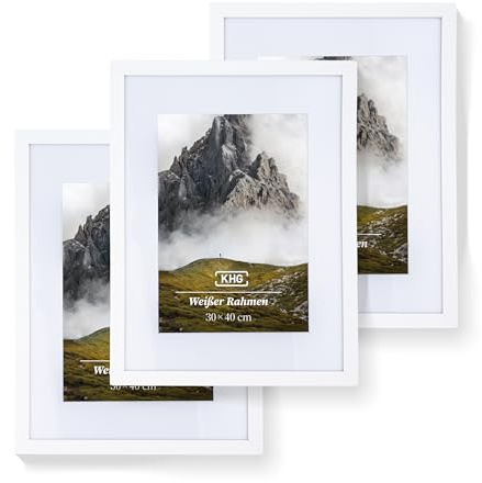 KHG Premium-Bilderrahmen 3er-Set 30x40 cm weiß, stabile Glasfront, Poster | hochwertiges Passepartout & MDF-Holzrahmen für Fotos, Zertifikate & Collagen, vielseitig einsetzbar, für Zuhause