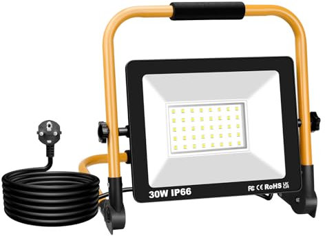 YOJZMA Lumière LED Portative de Travail avec Câble de 3M, 30W 3000LM Projecteur LED, 6000K Blanc, Rotation à 360°, IP66 Étanche, Lumière pour Intérieur/Extérieur, Atelier, Chantier de Construction