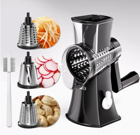 Rallador De Queso Giratorio, Rallador De Queso De Acero Inoxidable Con 3 Cabezales y Soporte Viene Con Cepillo, Rallador De Queso Con Manivela Para Parmesano, Verduras, Chocolate, Nueces, Ajo