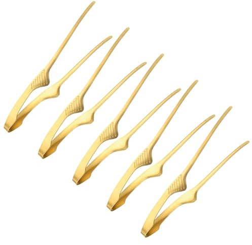 M METERXITY 5 Pcs Korean and Japanese BBQ Tongs 9.5 Inch Barbecue Tongs 430 Stainless Steel Kitchen Self-Standing Grill Non-Slip for Grill/Salad/Camping/Cooking [Gold]