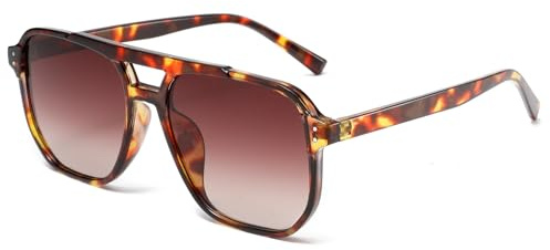 Long Keeper Retro Pilot Sonnenbrille Pilotenbrille Herren Damen Vintage 70er Piloten Sonnenbrille Doppelsteg Quadrat Klassisch Vintage Pilot Brille UV400 (Leopard Rahmen – Farbverlauf Braun Gläser)