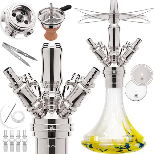 DILAW® Shisha Komplettset Smart to go 38cm Edelstahl Wasserpfeife Mini Hookah mit 4 Anschlüssen & 4x Glas-Adapter inkl. Bowl, Kaminkopf-Set mit Steinkopf & Aufsatz, Carbon-Schlauch, Mundstück, Zange
