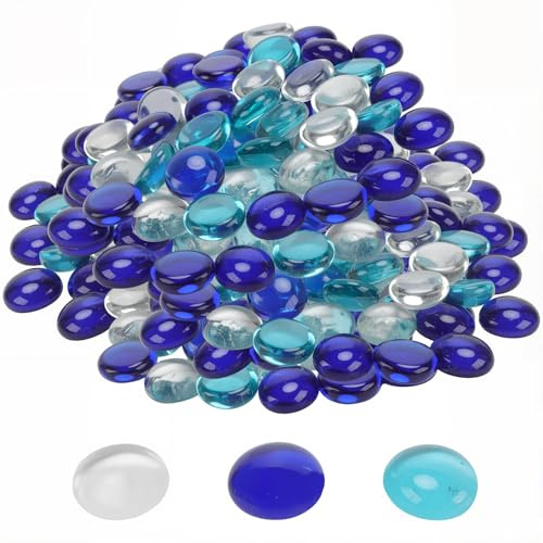 PINGEUI 500 Pcs Glass Pebbles, 2400g Flat Decorative Glass Pebble 17-19mm Clear and Sea Blue Glass Stones for Vase Filler Beads Aquarium, Flowerpot, Landscaping Decoration