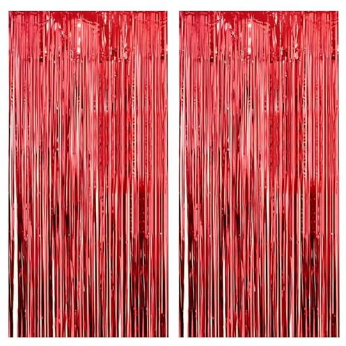 Red Tinsel Curtains 2 Pack, Red Foil Curtain Streamers 3.2 x 6.5ft, Glitter Backdrop Curtain Door Streamer for Christmas Backdrop Wedding Red Birthday Party Decorations Valentine's Day New Year