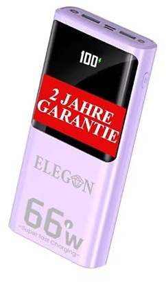 Elegon Power Bank Ultra 20, Fast Charging, Quick Charging Modern Power Bank with LED, Water Proof. (Purple, 20000, Milliamperora (mAh))
