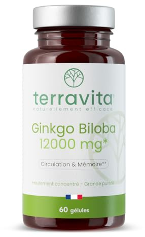 GINKGO BILOBA Extra Fort | Circulation Sanguine - Mémoire - Concentration - Acouphènes | Extrait 50:1 Hautement Dosé 12000 mg par Gélule | 60 Gélules Vegan | Made in France | Terravita