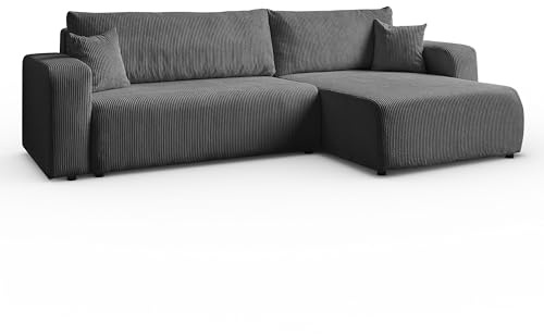 Margaret Hadas24 Ecksofa L-Form Sofia 277 x 143 cm mit Schlaffunktion & Bettkasten – modernes Cord Sofa, Schlafsofa, Schlafcouch – Bequeme Wohnlandschaft mit Stauraum, universale Seite (dunkelgrau)