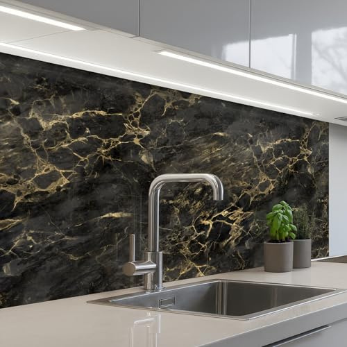 KitchenYeah© Splashback for Kitchen self-Adhesive Sink Splash Splatter | 24x39 / 60x100 cm - Guard Splashbacks Walls Black - Marble - Gold - Nerf