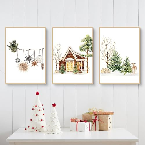 Herfair Bilder Wohnzimmer, Weihnachten Deko Poster 3er Set Häuser Weihnachtsbaum Wandbilder, Weihnachtsbilder Weihnachtsposter, Ohne Rahmen Leinwandbild (30 x 40 cm)