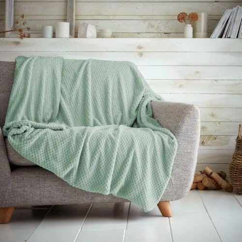 House of QT Throw Blanket Soft Waffle Honeycomb – Cosy Warm Fleece Sofa & Bed Throw, Popcorn Texture Thermal Blanket for Kids & Adults (Duck Egg, Double - 150 X 200)