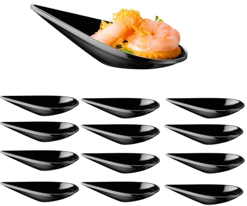 APS 85371 12er Set Fingerfoodlöffel – DROP – 10,5 x 5,5 cm, H: 3 cm, Melamin schwarz, stapelbar, spülmaschinengeeignet, bruchsicher & elegant