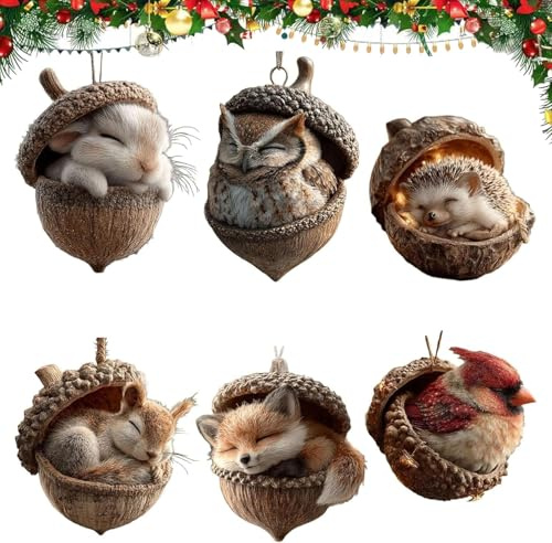 Waldtier--Ornamente, 2D-Weihnachtsbaumschmuck, Tannenzapfen-Stil, Waldtiere, Acryl-Hängeornamente, rustikale Waldthema, Weihnachtsdekoration für Zuhause und Baumdekoration, 6 Stück