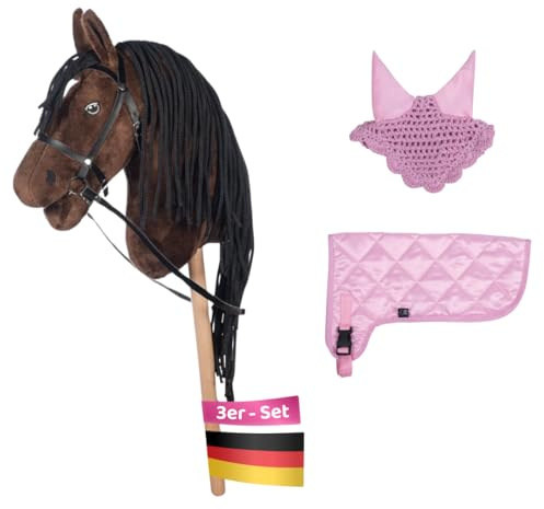 HobbyHorse24 Hobby Horse Set Dunkelbraun mit Rosa Decke und Rosa Fliegenhaube, Steckenpferd für Kinder, Stockpferd mit Zubehör