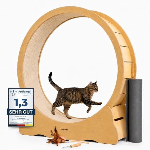 noviclass® Katzenlaufrad Baghira Groß XXL | 132 cm Durchmesser für alle Katzen | Inklusive Anti-Vibrationsmatte | Kurzfloriger Teppich in 2 Farben zur Auswahl (Holz mit beigem Teppich)