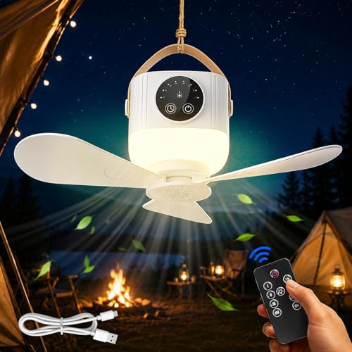 Fancysky Ventilador de Techo Camping con Luz, Recargable Ventilador Camping, Ventilador Tienda Campaña, USB Admirador Techo, Lámpara Admirador Techo Para Tienda, Dormitorio, Cocina, Caravana, WH