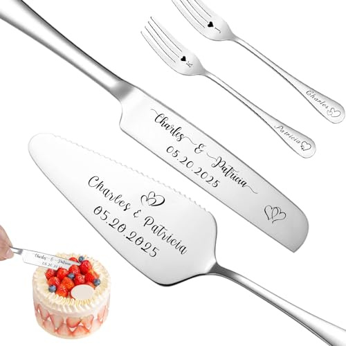 Custom Wedding Cake Knife and Server Set Personalized Cake Cutter with Engraved Text Bridal Cake Cutting Set with Gift Box for Weddings Anniversary Birthday (Silver - with Fork)