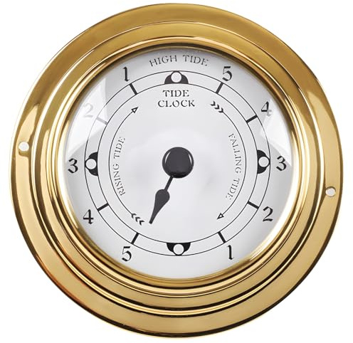 Chewtoyo 3.85 in / 98 mm Brass Nautical Tide Clock, High Tide Low Tide Display, Clear Glass Face, Brass Color Finish, Coastal Wall Clock for Home and Office Decor