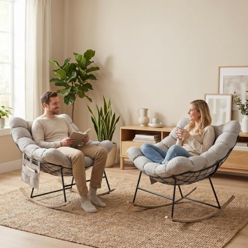 Fiutazge 2er Set XXL Schaukelstühle,Relaxsessel Garten,Schaukelliege Outdoor Lounge Sessel, Schaukelstuhl mit Dicker Polsterung,Seitentasche,Vielseitiger Relaxstuhl als Balkon- und Gartenmöbel-Beige