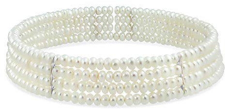 Fein Klassisch Bräutigam Jewelry Wide 4 Row Statement White Freshwater Cultured Pearl Halsreif Necklace For Freundin Wedding Abschlussball Silver Vergoldet Accent Bar Flexible Einstellbar