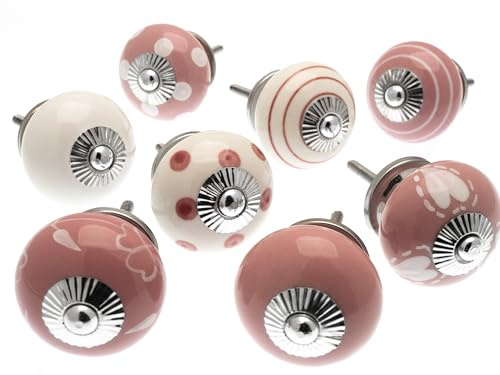 Gemischt Set mit rosa & weiß Keramik Schrankknöpfe x Pack 8 - 'Mango Baum' Wz Produkt (MG-132)